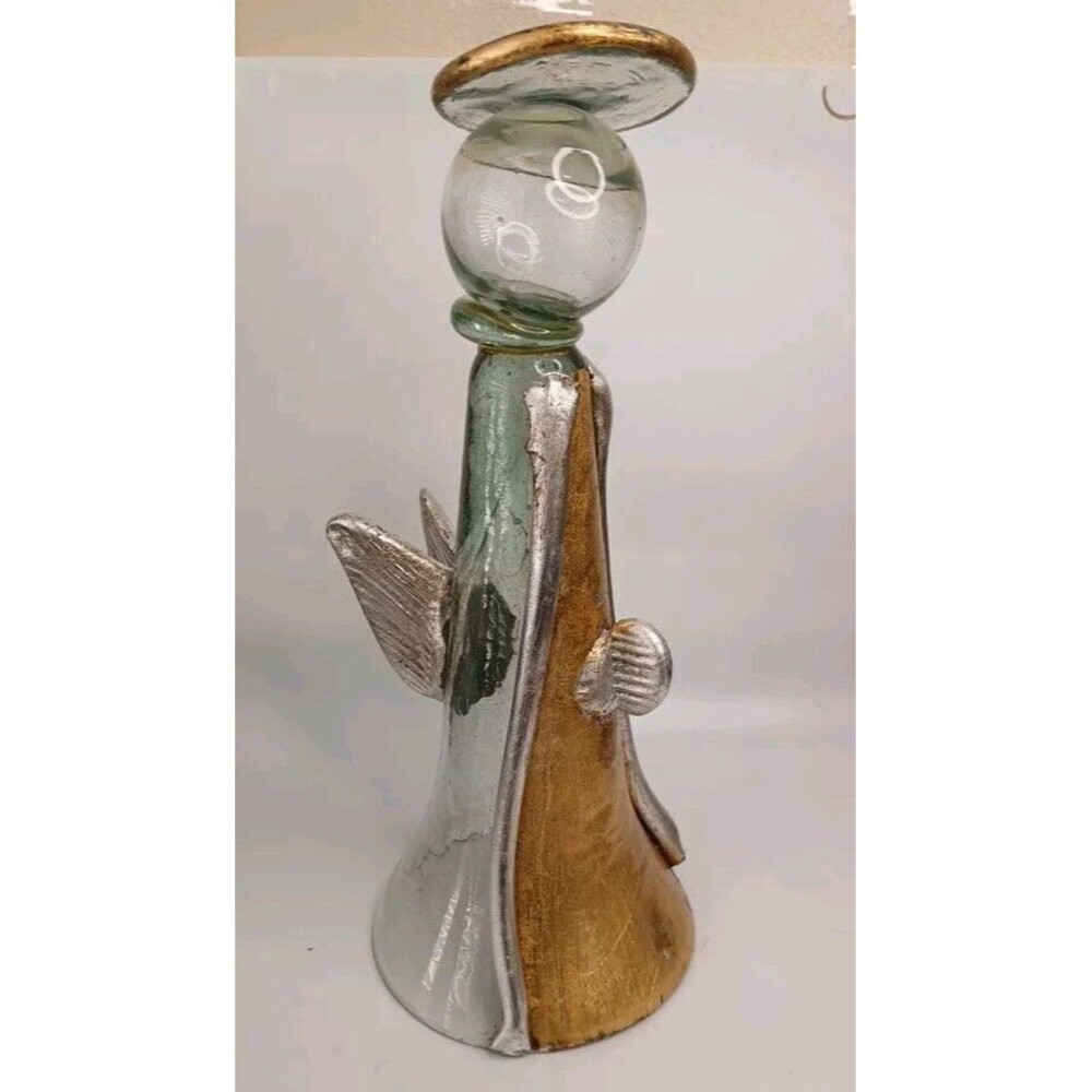 Vintage Art Glass Angel Handblown Clear Gold Silver Glass 12" Primitive